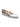 The Clamour Ballet Flat in White Gold by Sanctuary Clothing features a sleek, shiny finish with a single strap across the top, secured by a button on the side. This single silver flat shoe has a pointed toe, beige interior, and light brown sole.