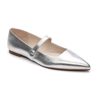 The Clamour Ballet Flat in White Gold by Sanctuary Clothing features a sleek, shiny finish with a single strap across the top, secured by a button on the side. This single silver flat shoe has a pointed toe, beige interior, and light brown sole.