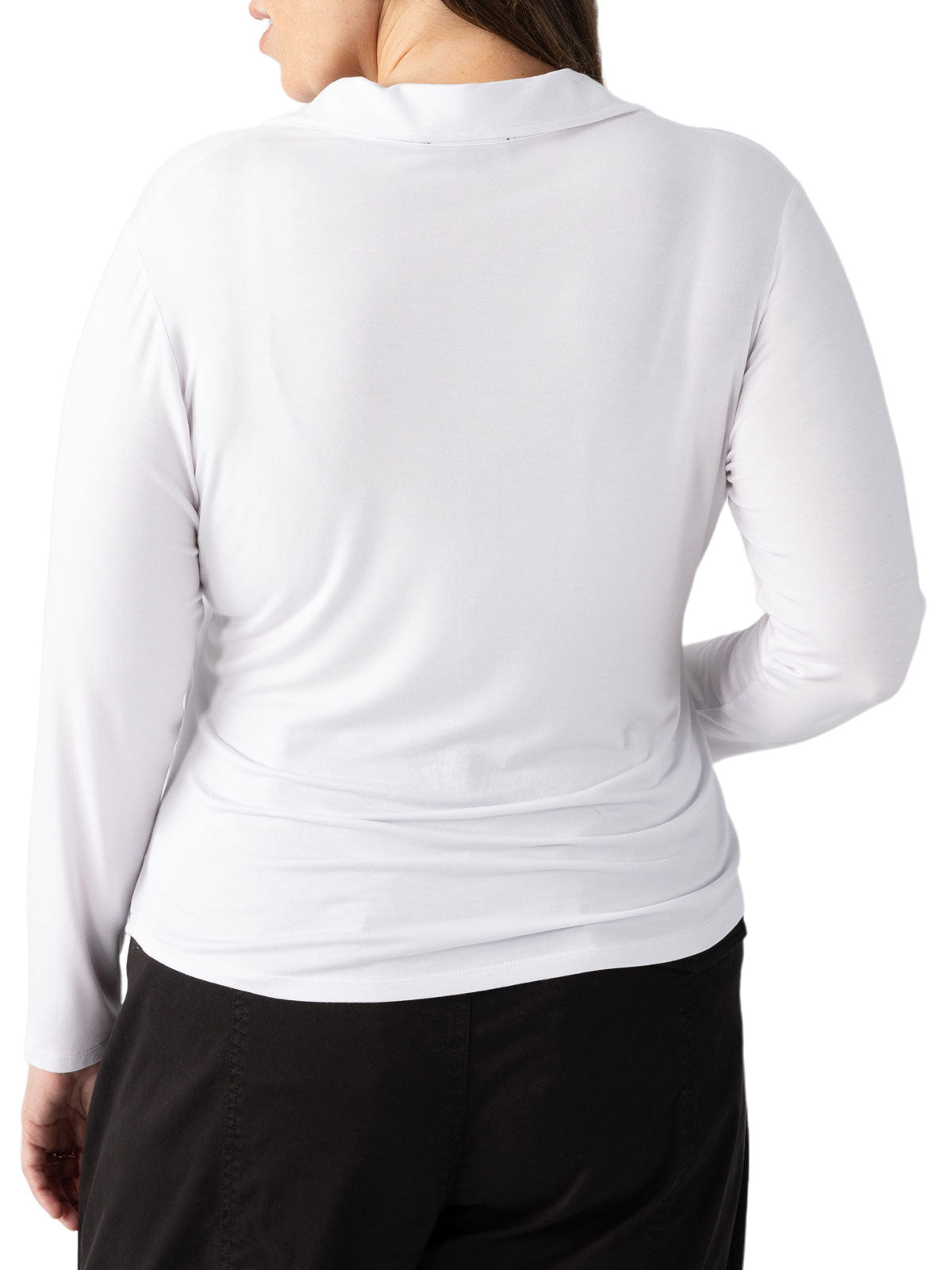 A person is shown from the back, wearing a slightly loose-fitting "dreamgirl button up white" shirt by Sanctuary Clothing and black pants, set against a plain white background.