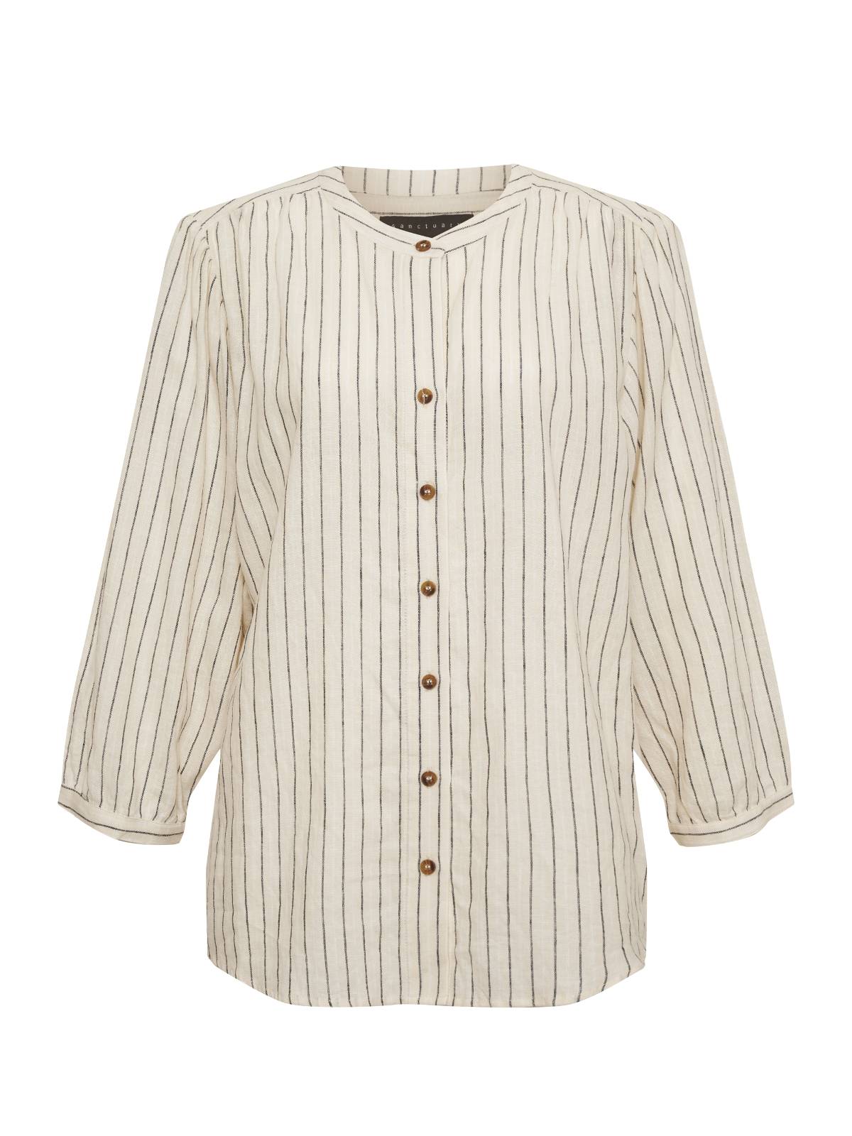 The Femme Shirt Birch Stripe from Sanctuary Clothing's Inclusive Collection is a white, long-sleeved blouse adorned with black vertical pinstripes and a V-neckline. The blouse has a relaxed fit and features a front button closure with brown buttons.