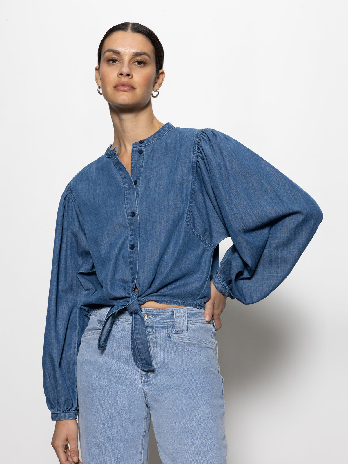 Tie Front Volume Blouse Blue Slate