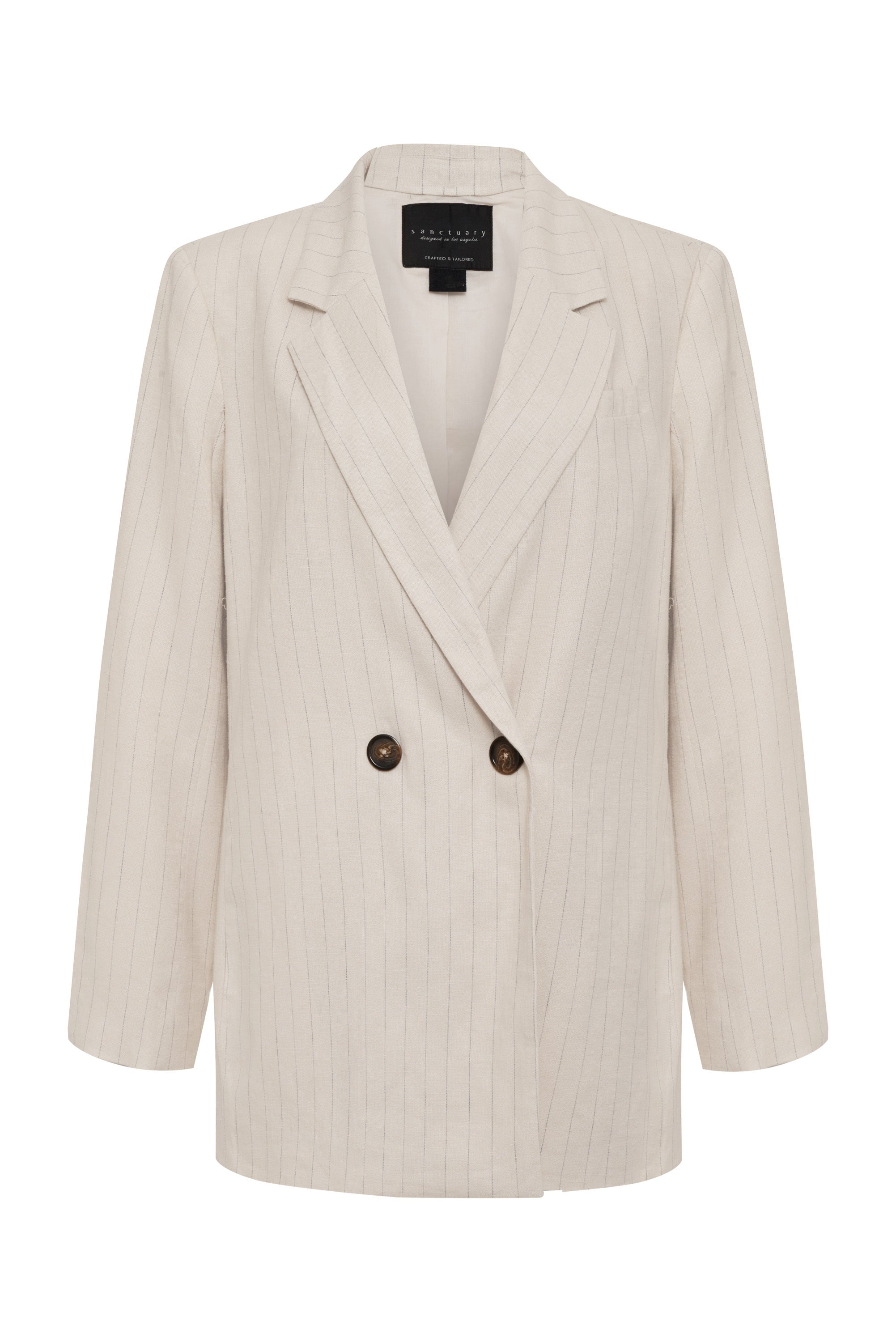 Introducing the Refresh Blazer Vineyard Stripe by Sanctuary Clothing. This cream-colored, pinstriped blazer boasts a double-breasted design with two dark buttons on the front. It features a notched lapel and a single chest pocket on the left side. The lightweight fabric makes it perfect for both professional and casual occasions.