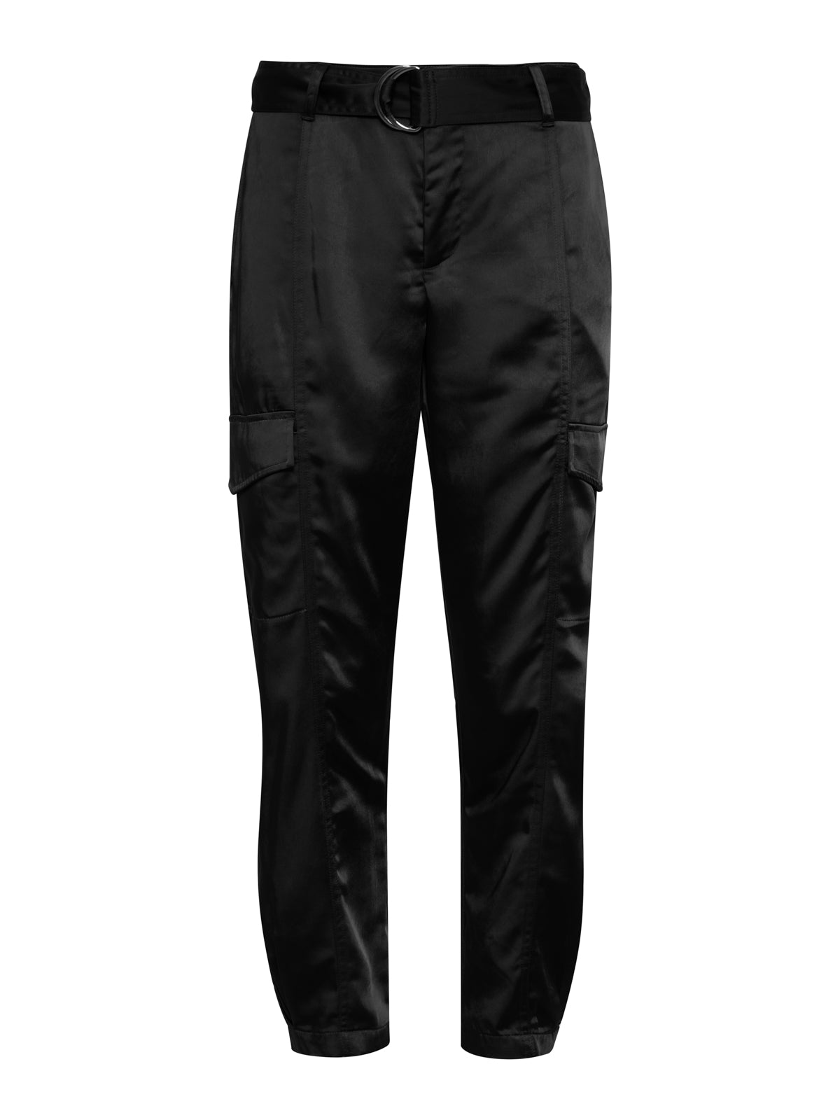 The Classy Cargo Trouser Pant Black by Sanctuary Clothing boasts a high waist and comes with a fabric belt featuring a metal buckle. These black satin cargo pants offer multiple pockets, including two spacious side pockets on each leg. The silhouette is slightly tapered and ends just above the ankles.
