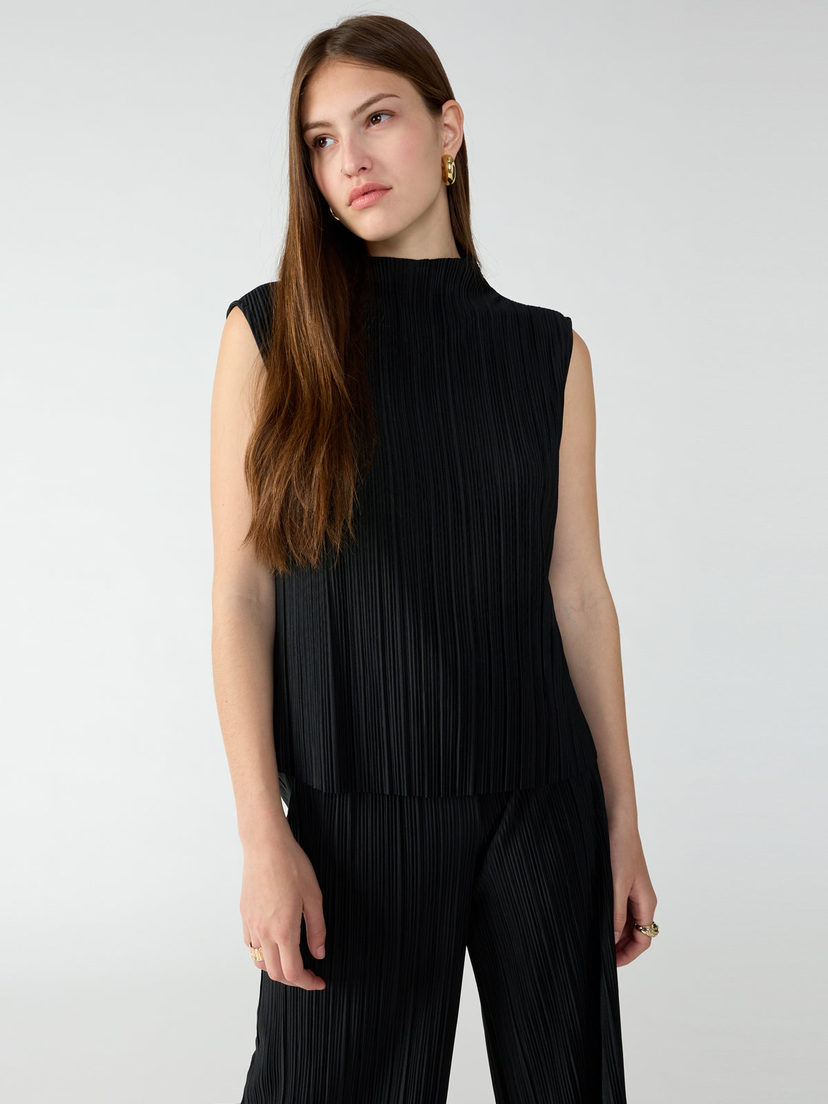 Plisse Mock Neck Top Black