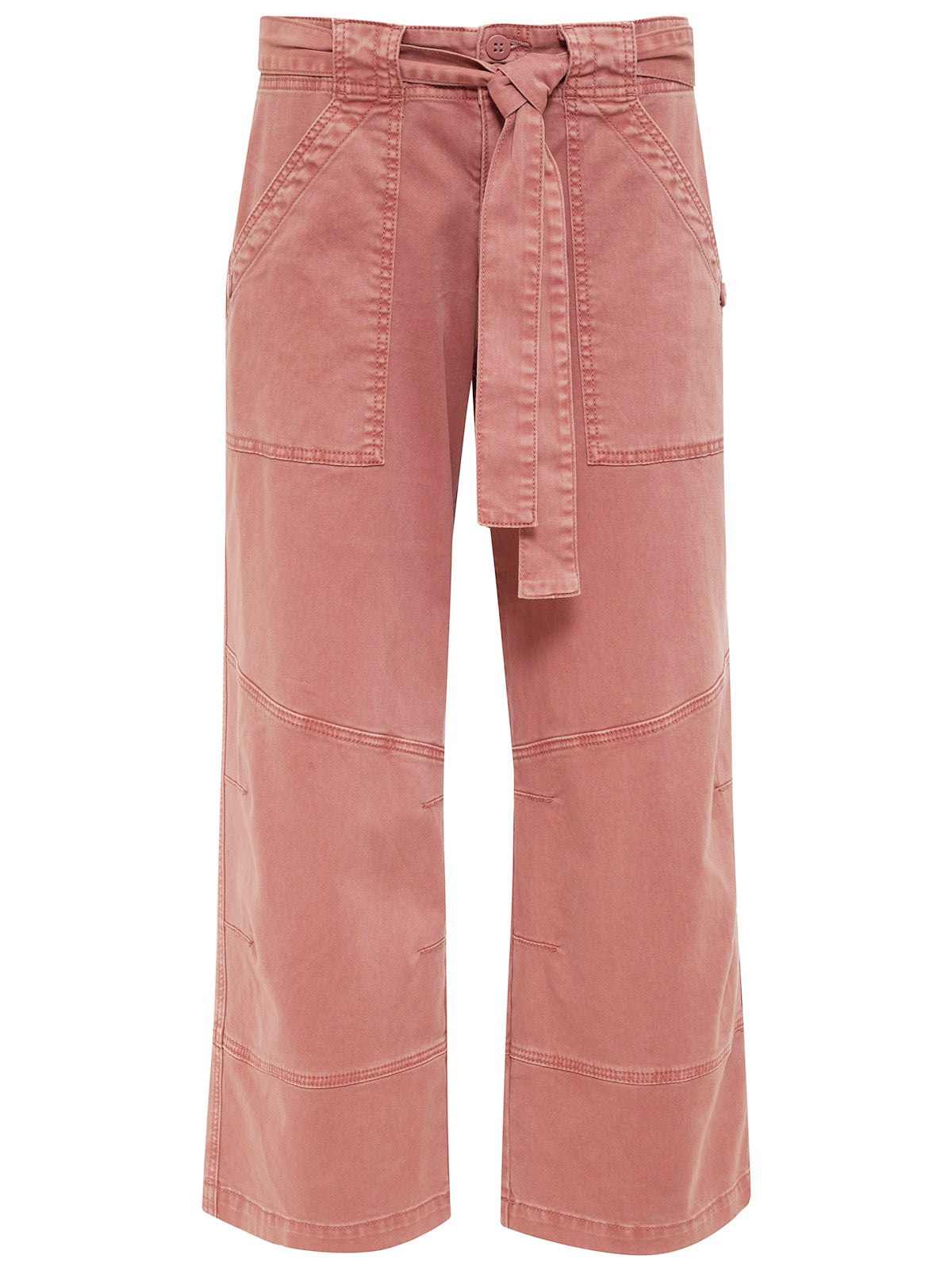 The Reissue 90S Sash Ash Rose pants by Sanctuary Clothing are cropped, wide-leg pants in a muted pink color. They feature large front pockets, subtle stitch details across the legs, and come with a matching fabric belt at the waist. These pants have a casual, relaxed style.