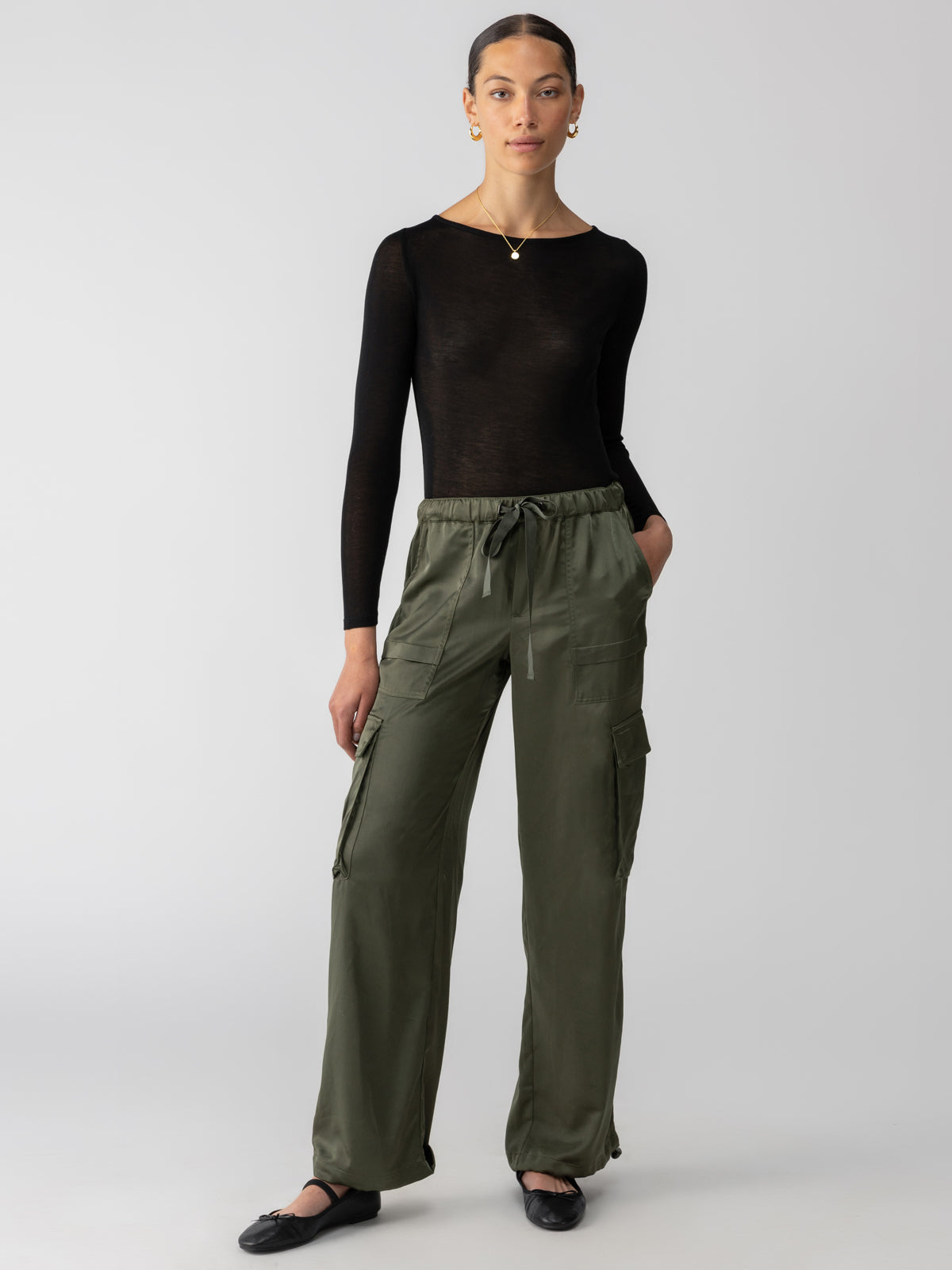 Satin Cargo Standard Rise Wide Leg Pant Dark Olive Sanctuary Clothing