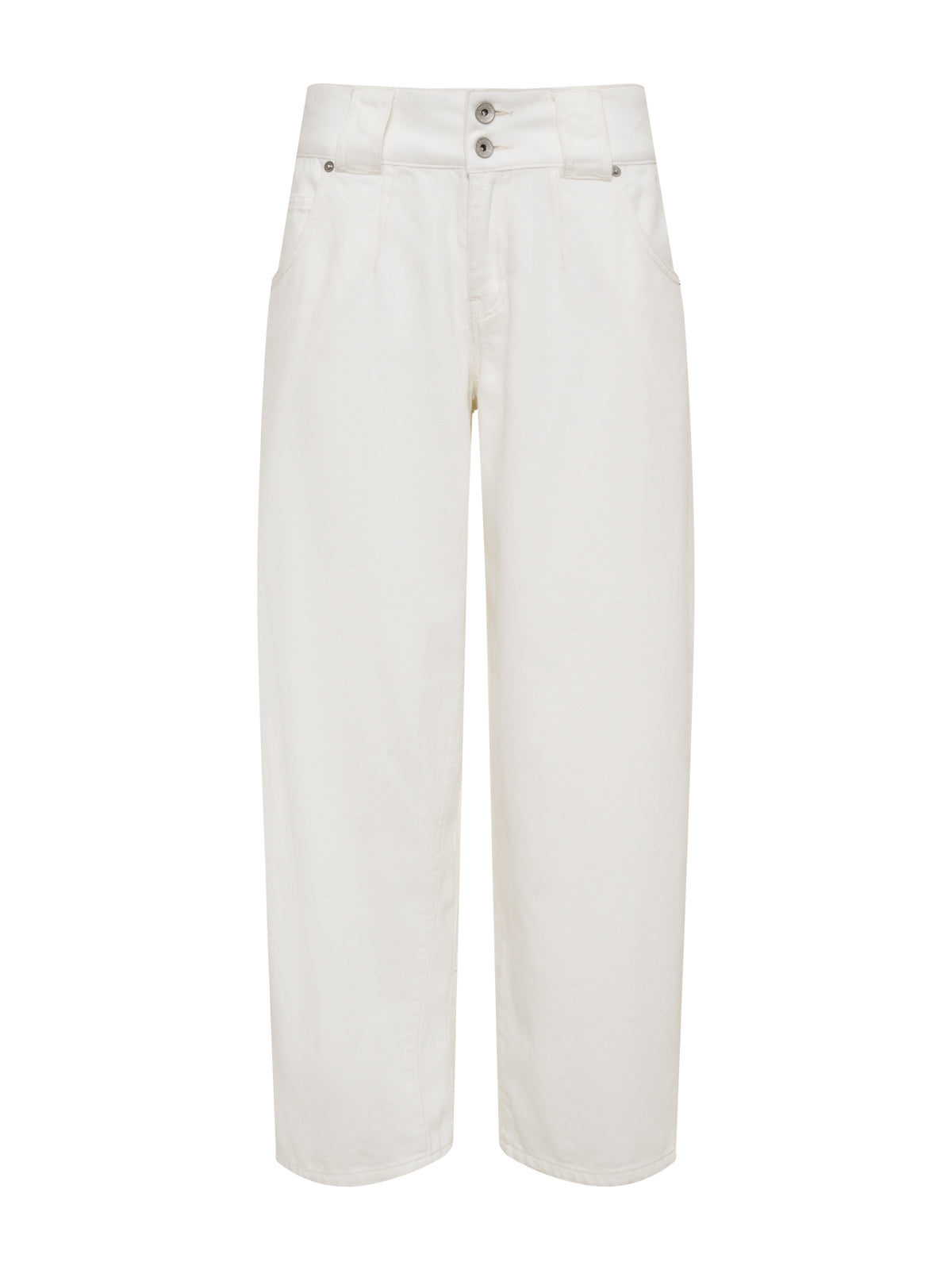 The Sanctuary Clothing side car barrel jeans in bleached white are high-waisted, wide-leg cropped pants with two front buttons and side pockets. They have a relaxed fit and end above the ankles, made from lightweight material ideal for casual wear.