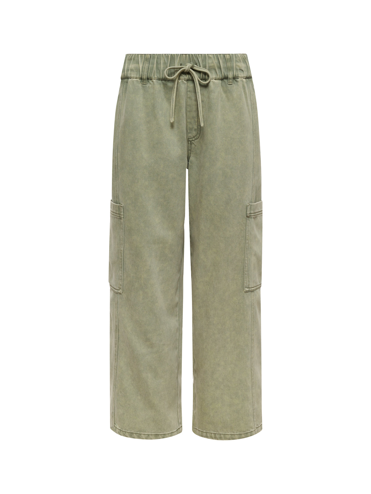 The Sanctuary Clothing area standard rise pant bamboo features an olive green hue, wide-leg design, elastic waistband with drawstring, and large side pockets, shown against a white background.