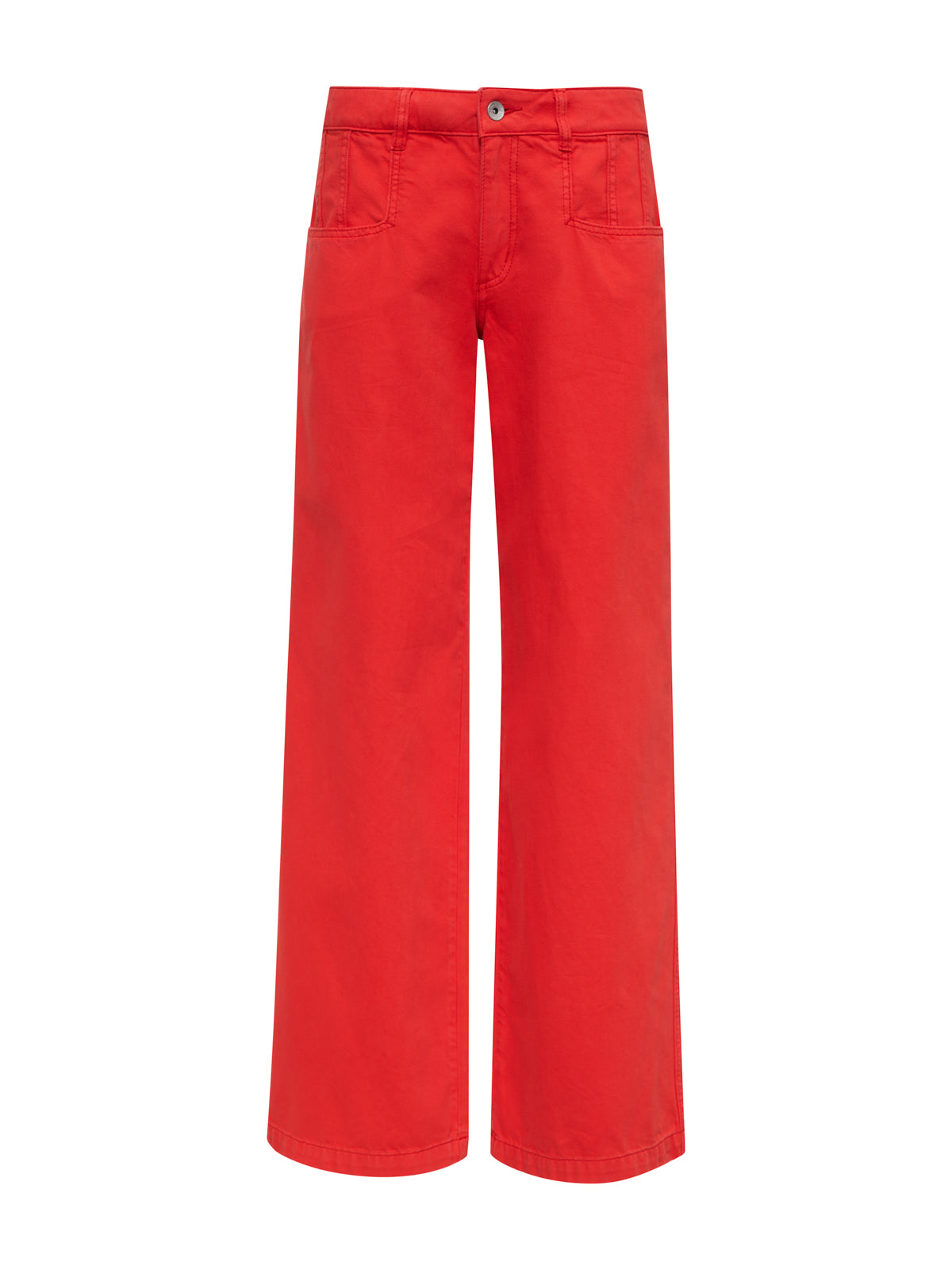 The Sanctuary Clothing highland wide leg standard rise pant in cayenne features a bright red hue with a button closure and front pockets, displayed against a white background.