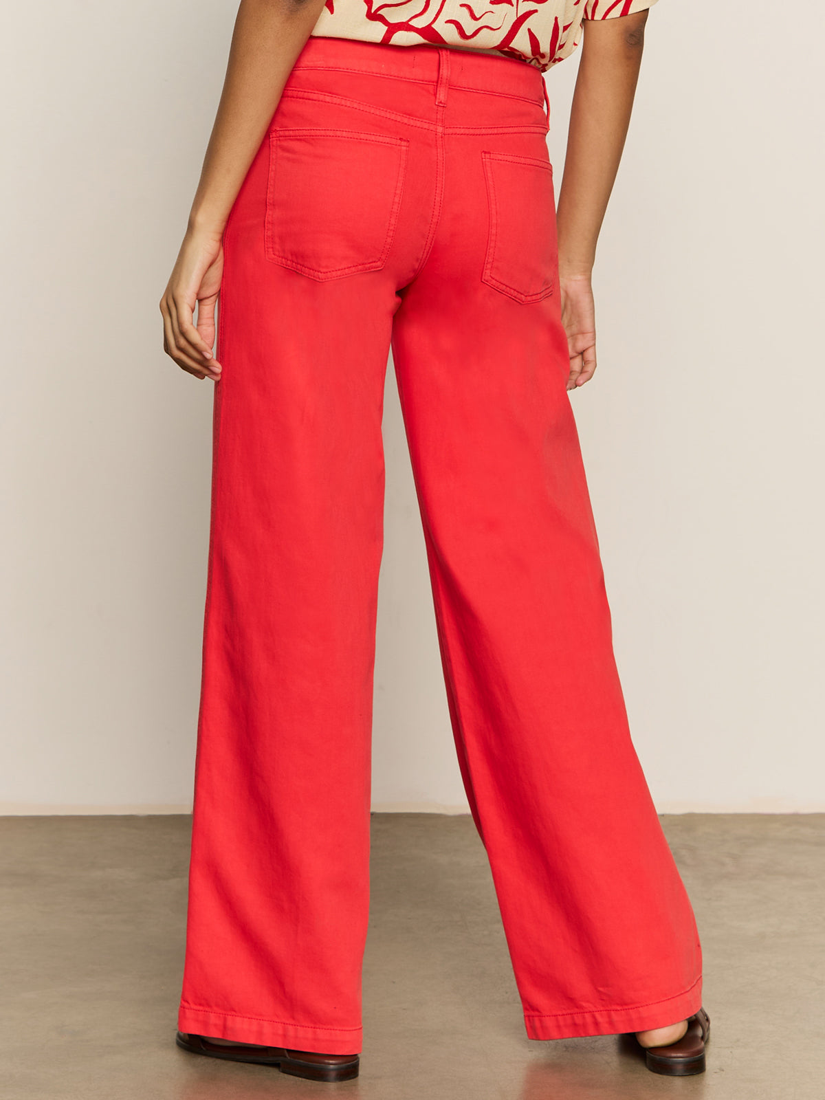 A person in Sanctuary Clothing's Highland Wide Leg Standard Rise Pant in Cayenne stands with their back to the camera, wearing a patterned top against a neutral background.