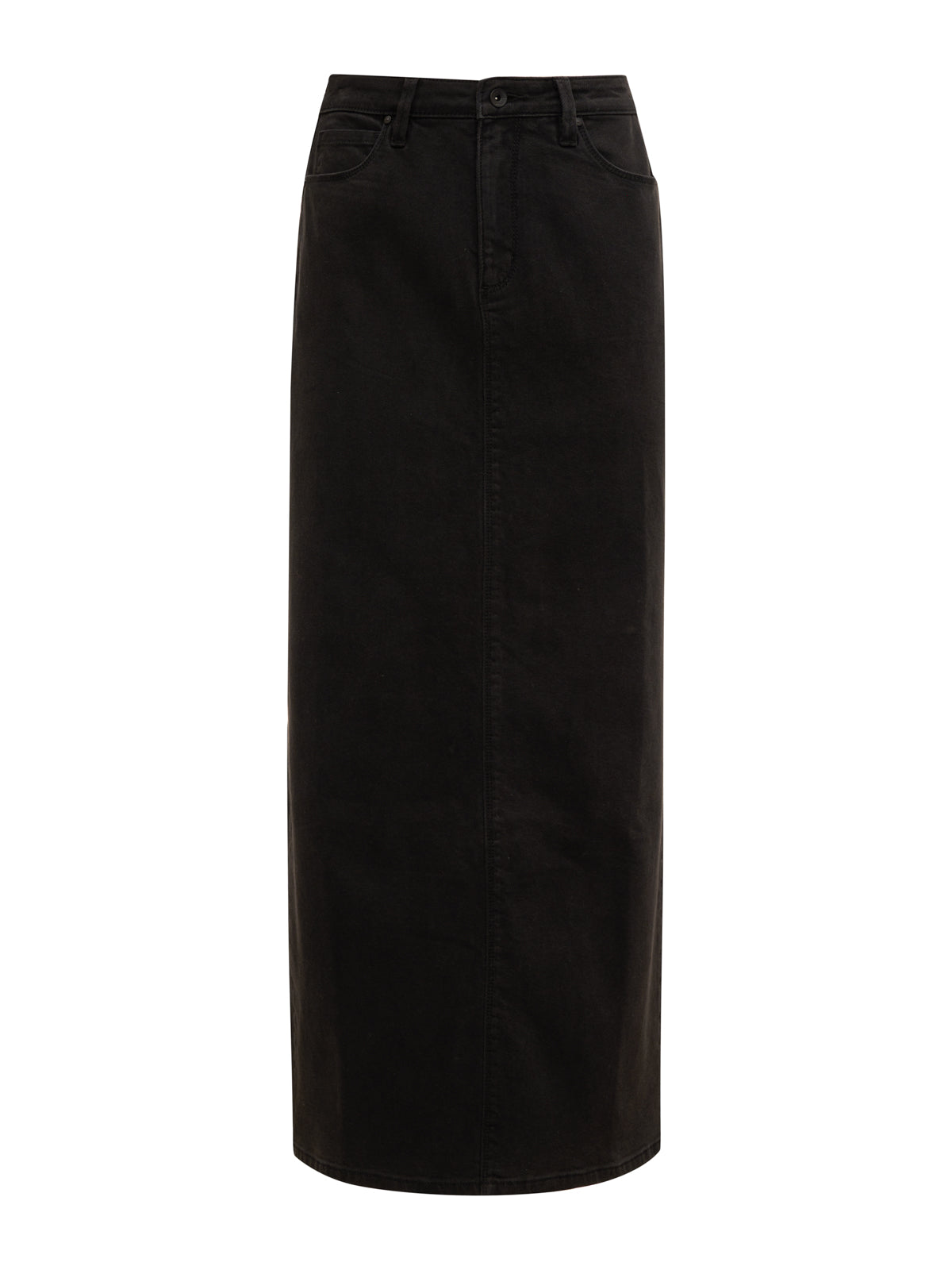 Introducing the Denim Maxi Skirt Vintage Black by Sanctuary Clothing: a long, high-waisted design in black denim. It features a front button and zipper closure, belt loops, and front pockets. The hemline falls below the knee, creating a sleek and streamlined silhouette.