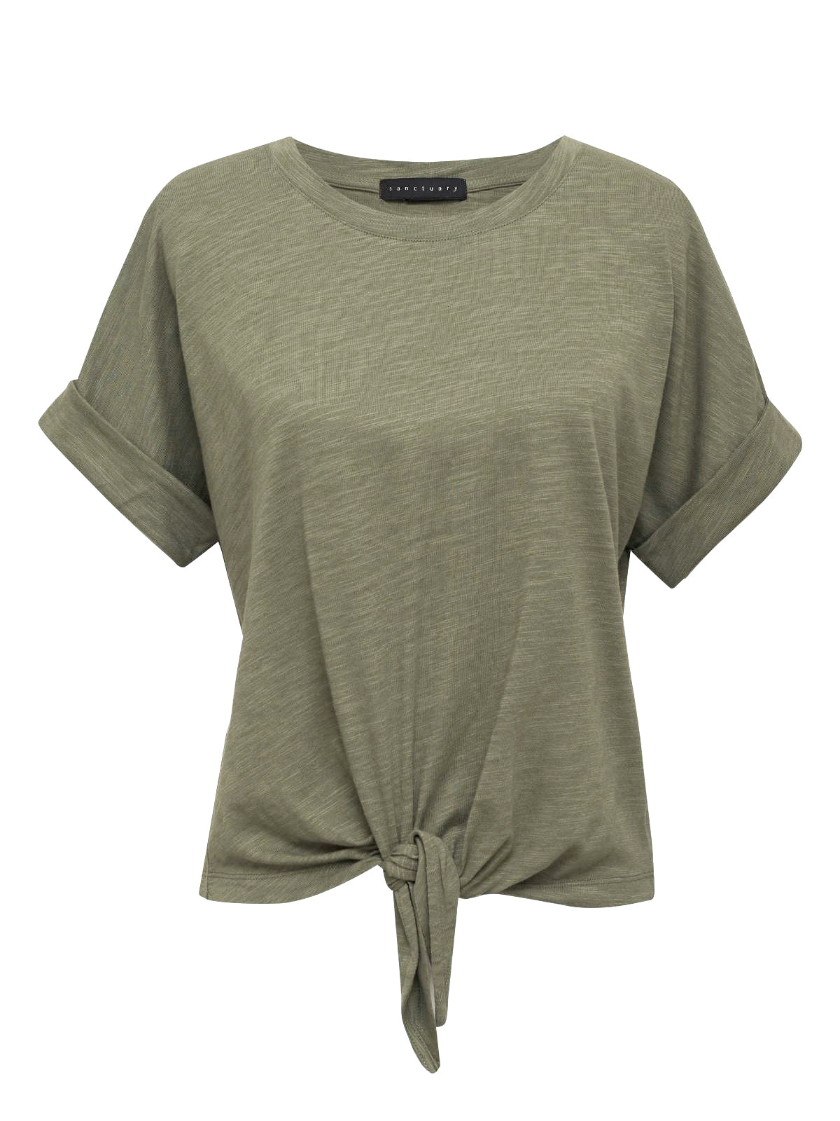 The All Day Tie Tee in Trail Green by Sanctuary Clothing is shown. This relaxed-fit, short-sleeved t-shirt features a round neckline, rolled-up sleeves, and a front knot tie detail at the bottom, adding a casual yet stylish touch.