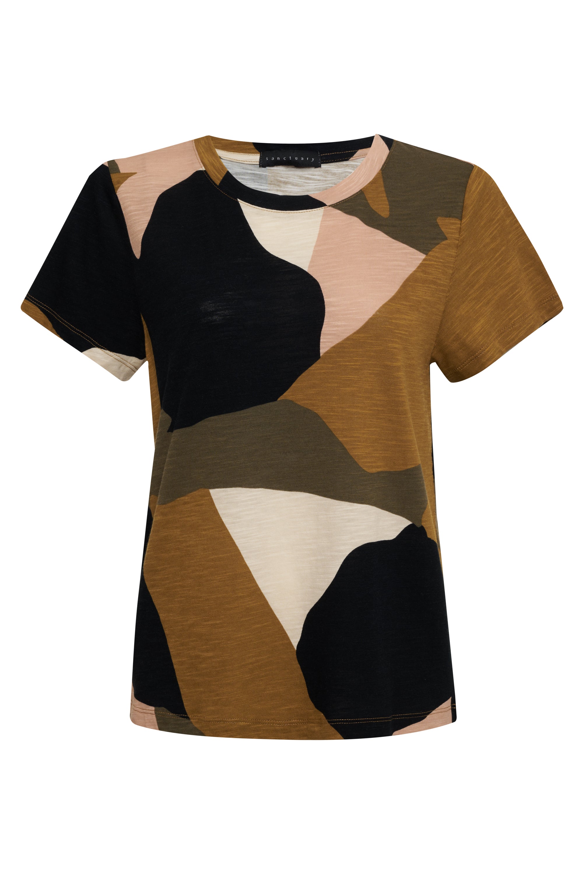 Introducing "The Perfect Tee Rose Escape" by Sanctuary Clothing: a short-sleeve crew neck t-shirt featuring an abstract camouflage pattern in shades of black, brown, olive, and beige. The fabric appears lightweight and soft.