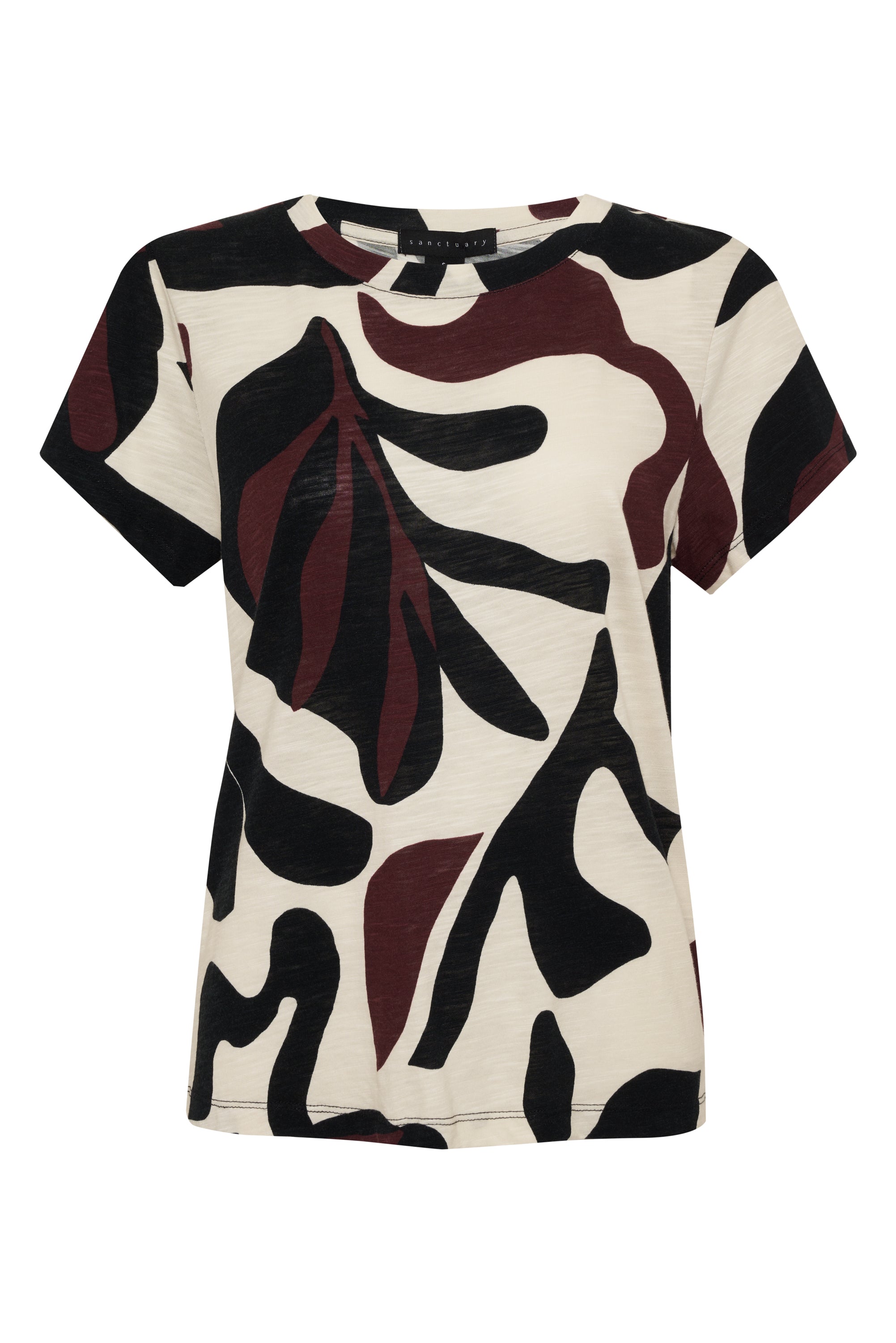 Introducing the "The Perfect Tee Light Mineral Inclusive Collection" by Sanctuary Clothing: A short-sleeved t-shirt presenting a striking, abstract black and maroon leaf pattern on a white background. The design includes a round neckline and is crafted from lightweight fabric for ultimate comfort.