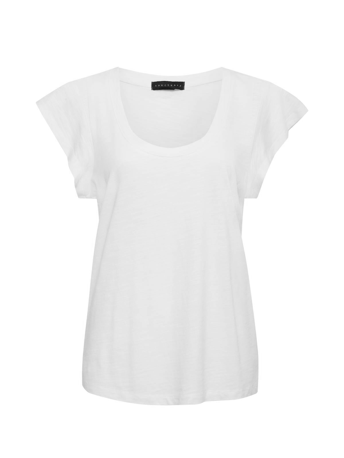 The West Side Tee White from Sanctuary Clothing is a plain white women's T-shirt featuring short, rolled-up sleeves and a scoop neckline. The fabric appears soft and lightweight, providing a casual, comfortable look. A black label is positioned at the back of the neckline.