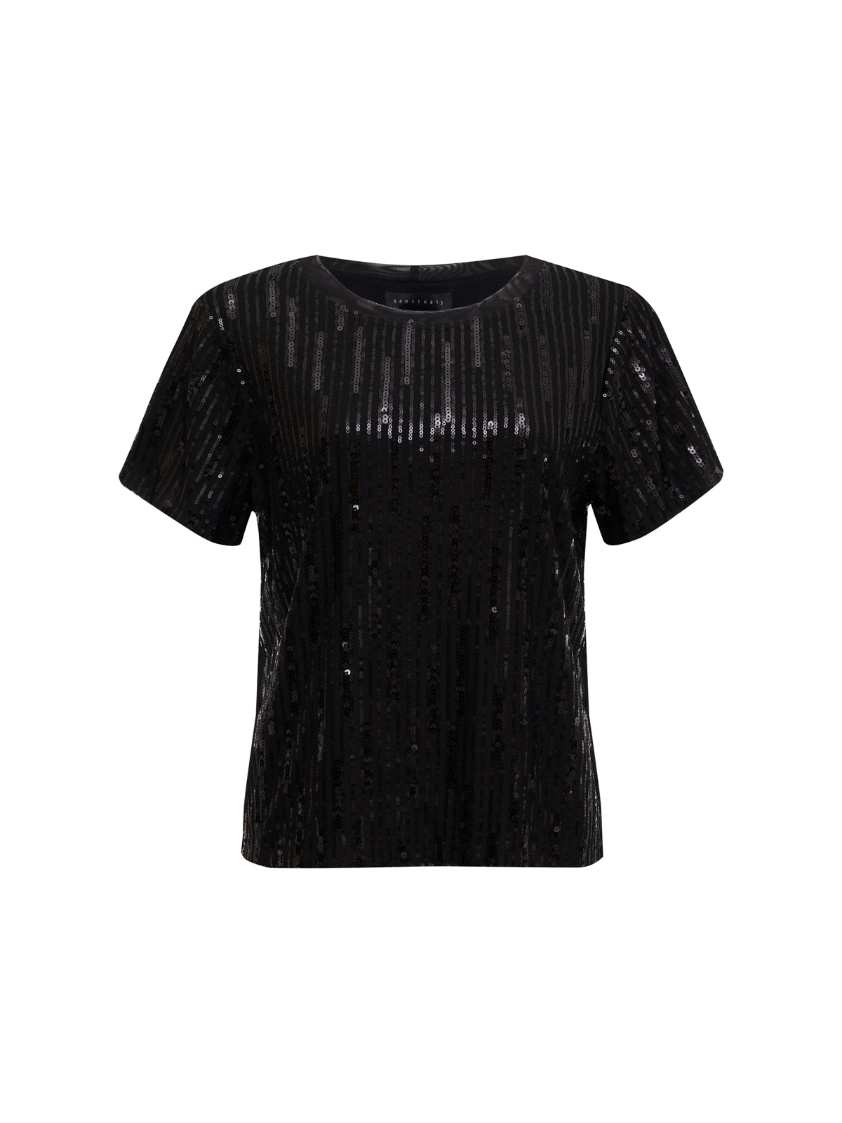 The Sequin Perfect Tee Black by Sanctuary Clothing features short sleeves adorned with vertical rows of black sequins for a shiny and textured aesthetic. The blouse boasts a simple round neckline and a straight hem, offering an elegant and sleek look ideal for festive or formal occasions.