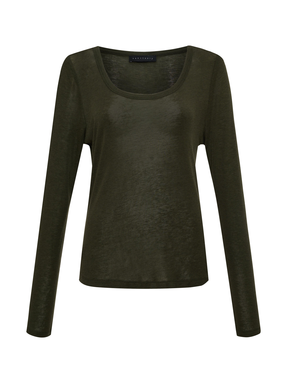 The Keep It Simple Tee in Dark Olive by Sanctuary Clothing is displayed against a plain white background. This women’s top features long sleeves and a scoop neckline, crafted from slightly sheer fabric. The fitted silhouette highlights its simple and elegant design.