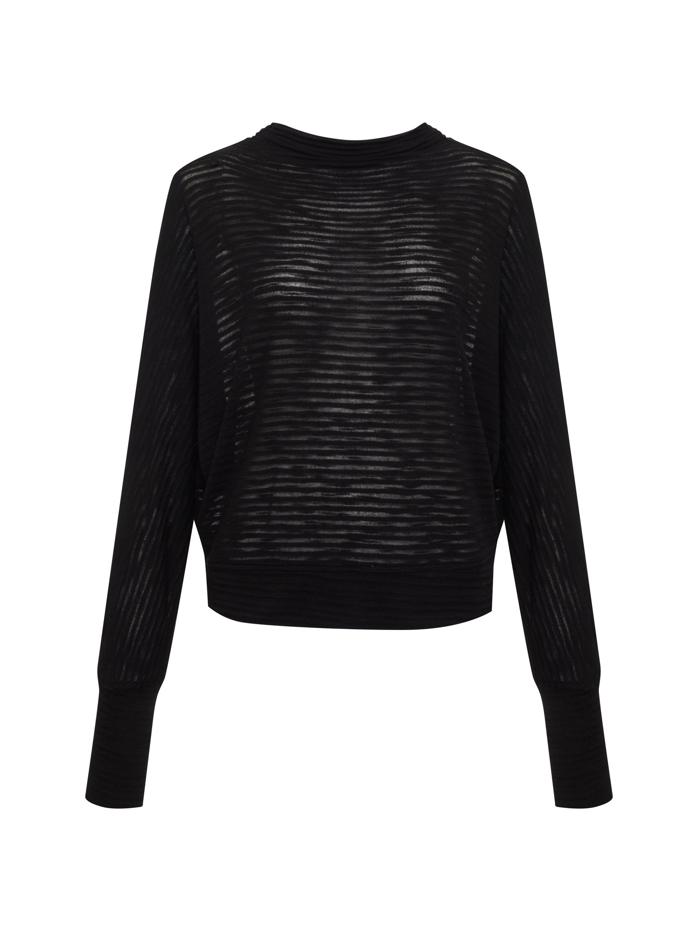 Sheer Stripe Funnel Neck Top Black