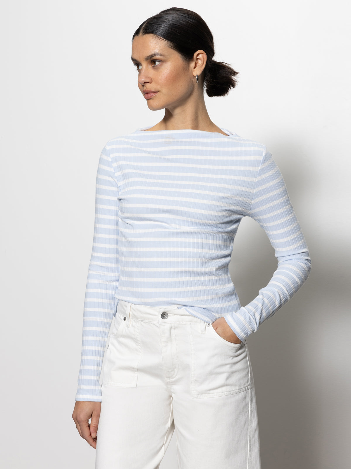 Long Sleeve Boatneck T-Shirt Sky Blue / White Stripe