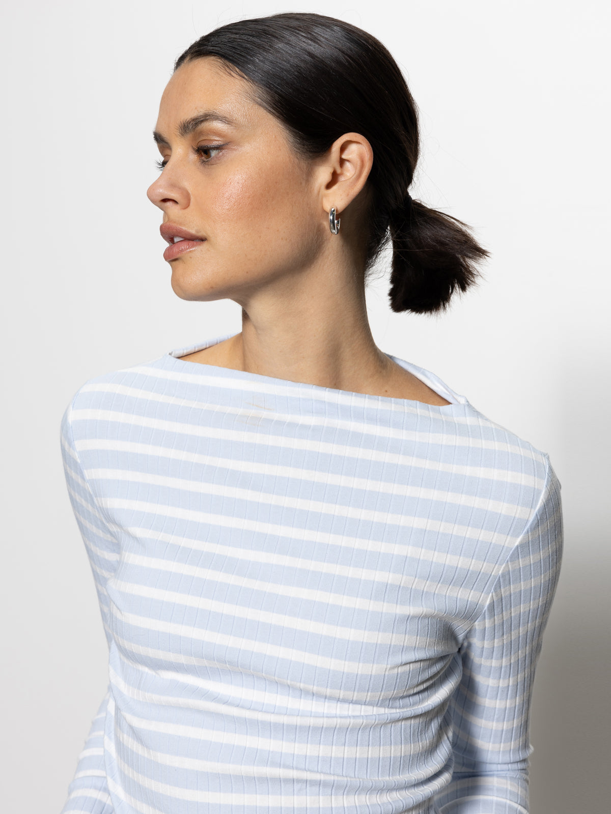 Long Sleeve Boatneck T-Shirt Sky Blue / White Stripe