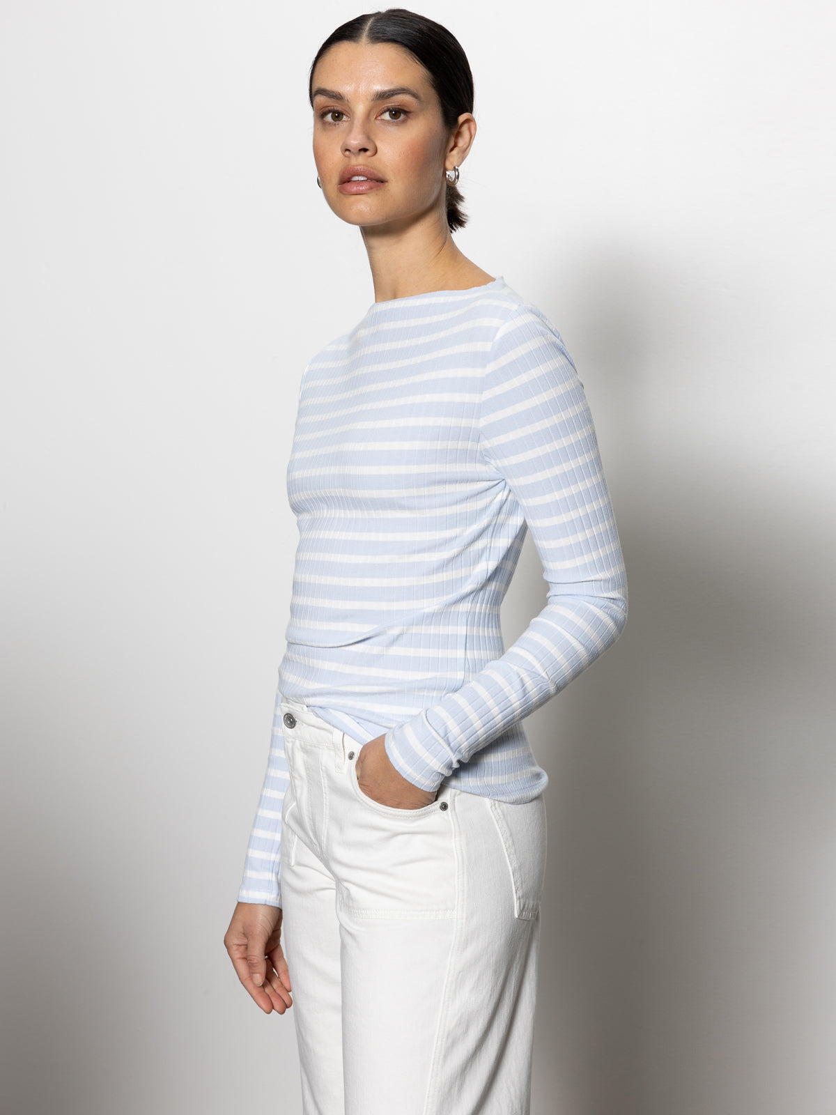 Long Sleeve Boatneck T-Shirt Sky Blue / White Stripe