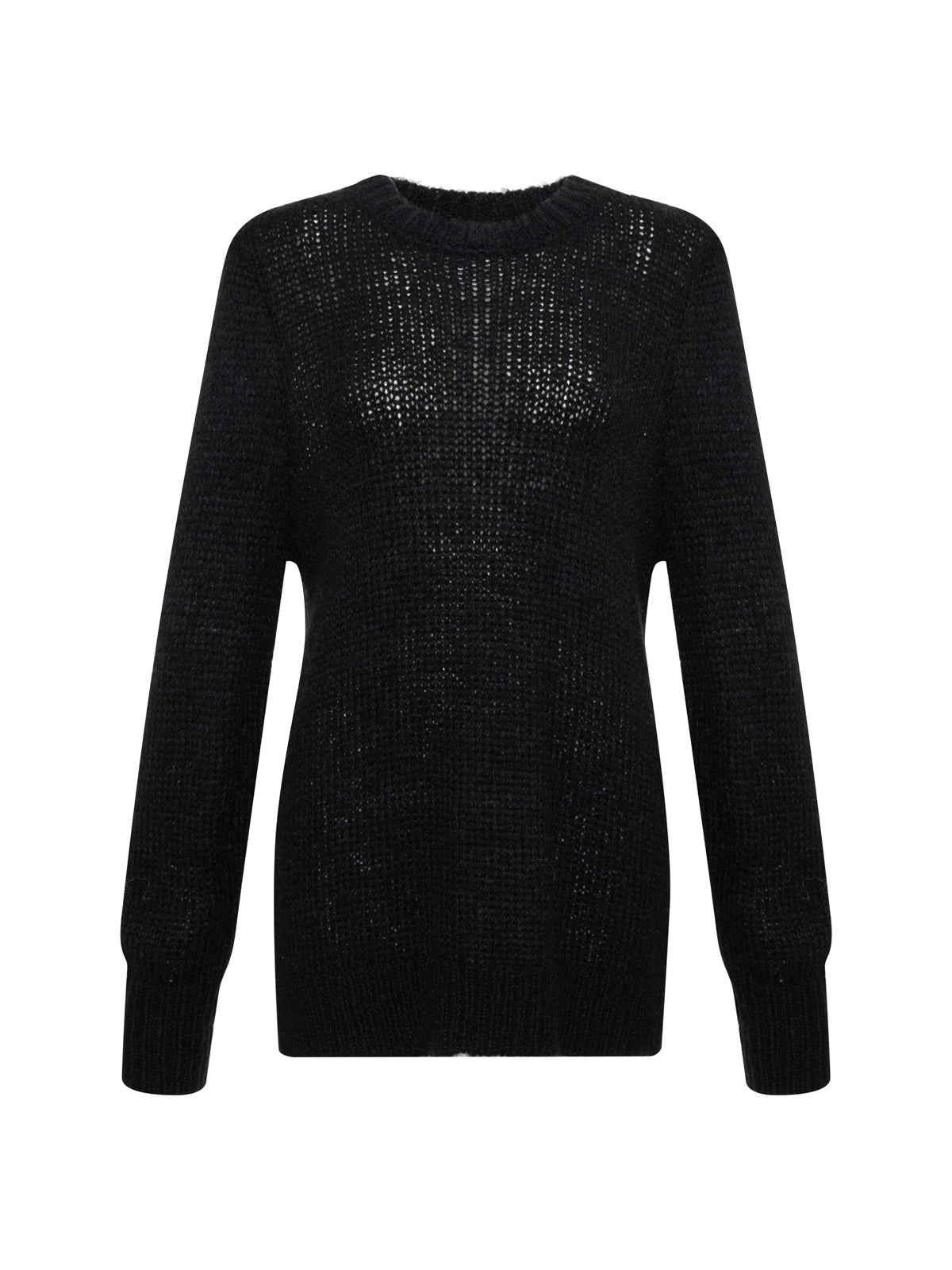 The Sanctuary Clothing Twist Back Sweater in black, featuring long sleeves and a crew neckline, is showcased against a plain white background. The texture of the knit is prominently visible, and the sweater boasts a slightly loose, relaxed fit.