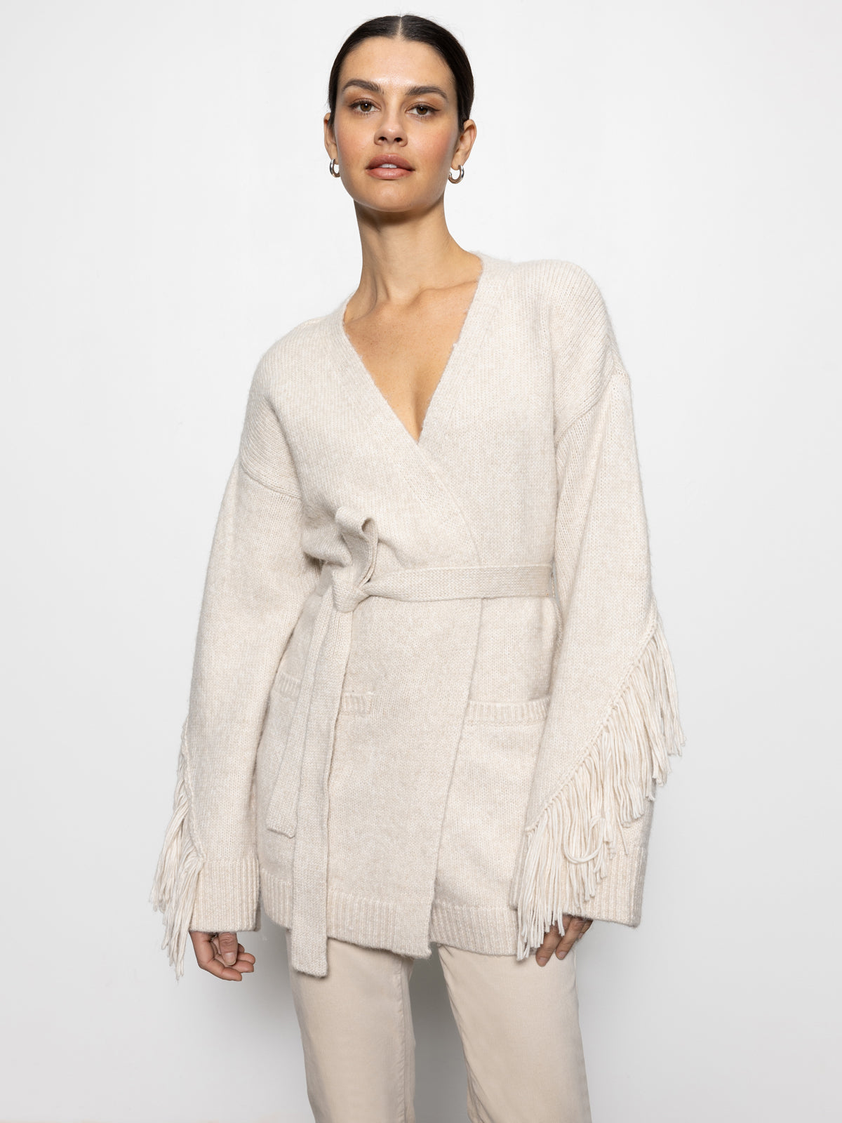 Fringe Belted Cardi Heather Oatmeal