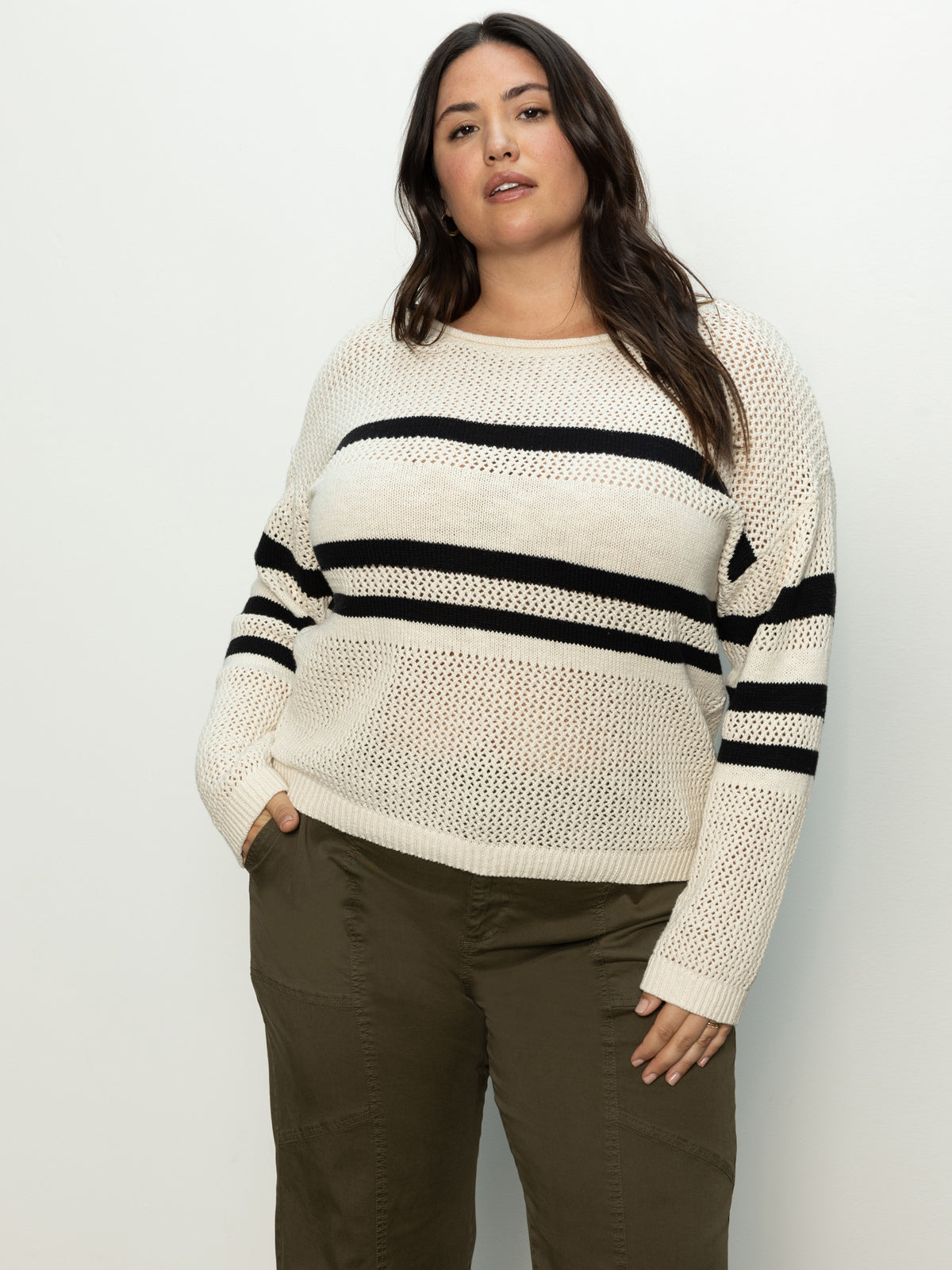 Sporty Stripe Open Knit Sweater Eco Natural / Black Stripe Inclusive Collection