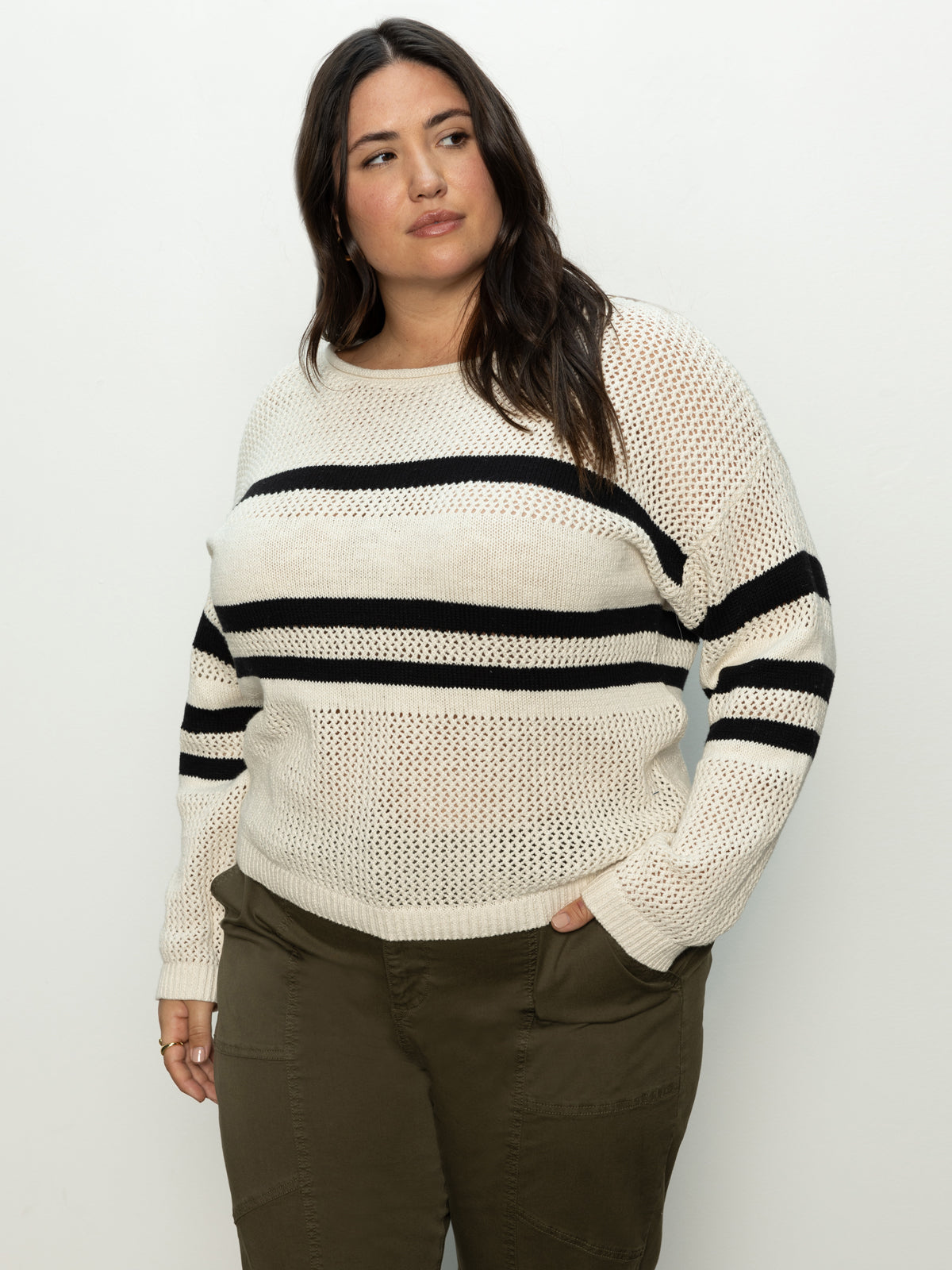 Sporty Stripe Open Knit Sweater Eco Natural / Black Stripe Inclusive Collection