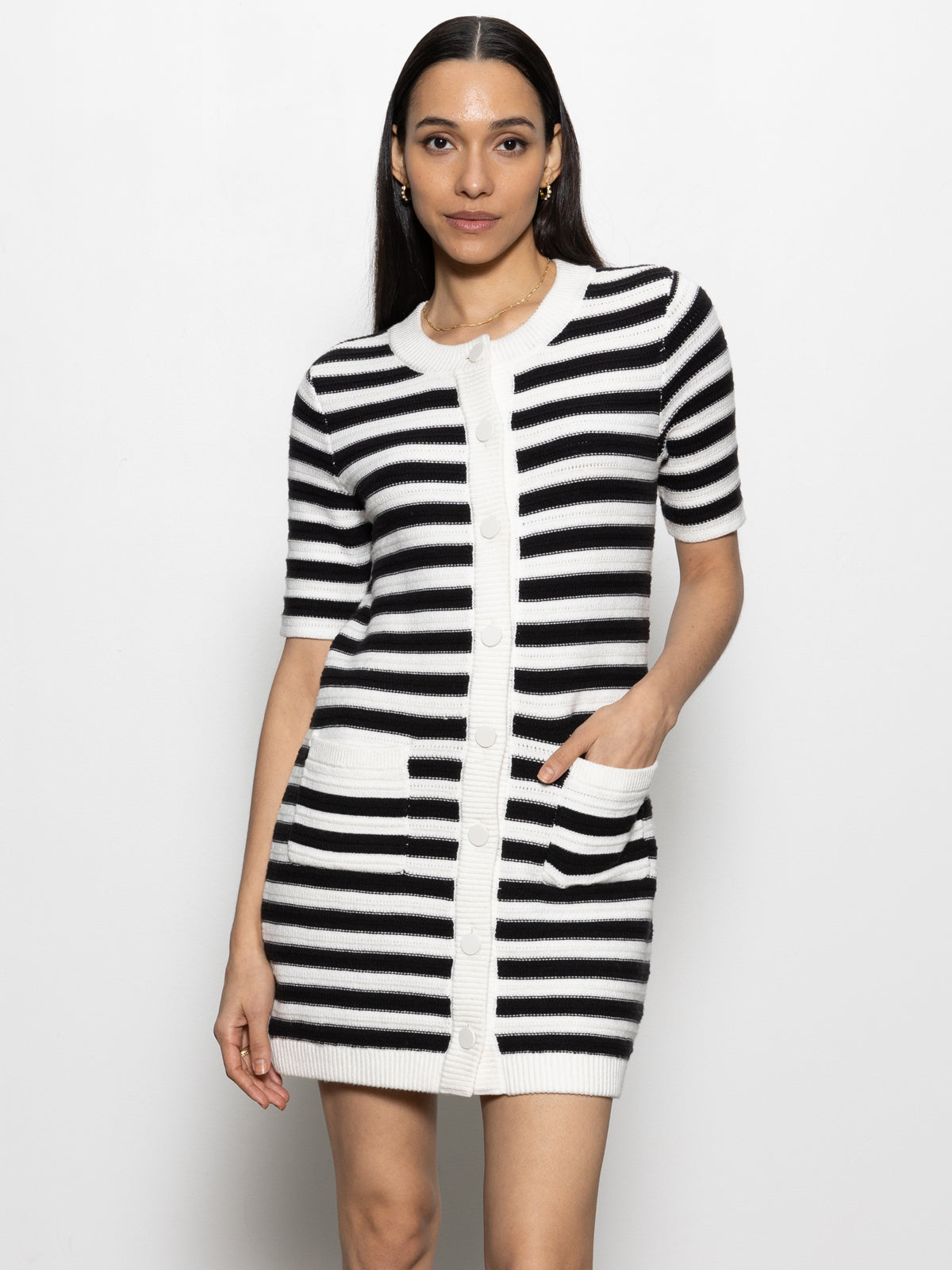 Button Front Knitted Dress Chalk And Black Stripe