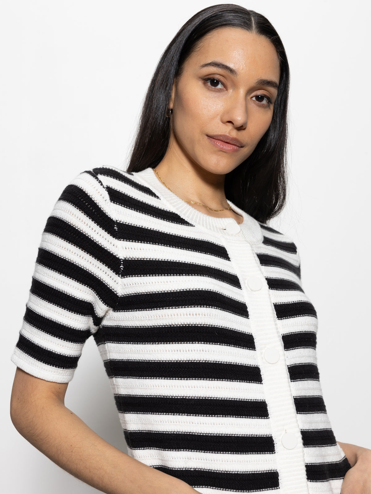 Button Front Knitted Dress Chalk And Black Stripe