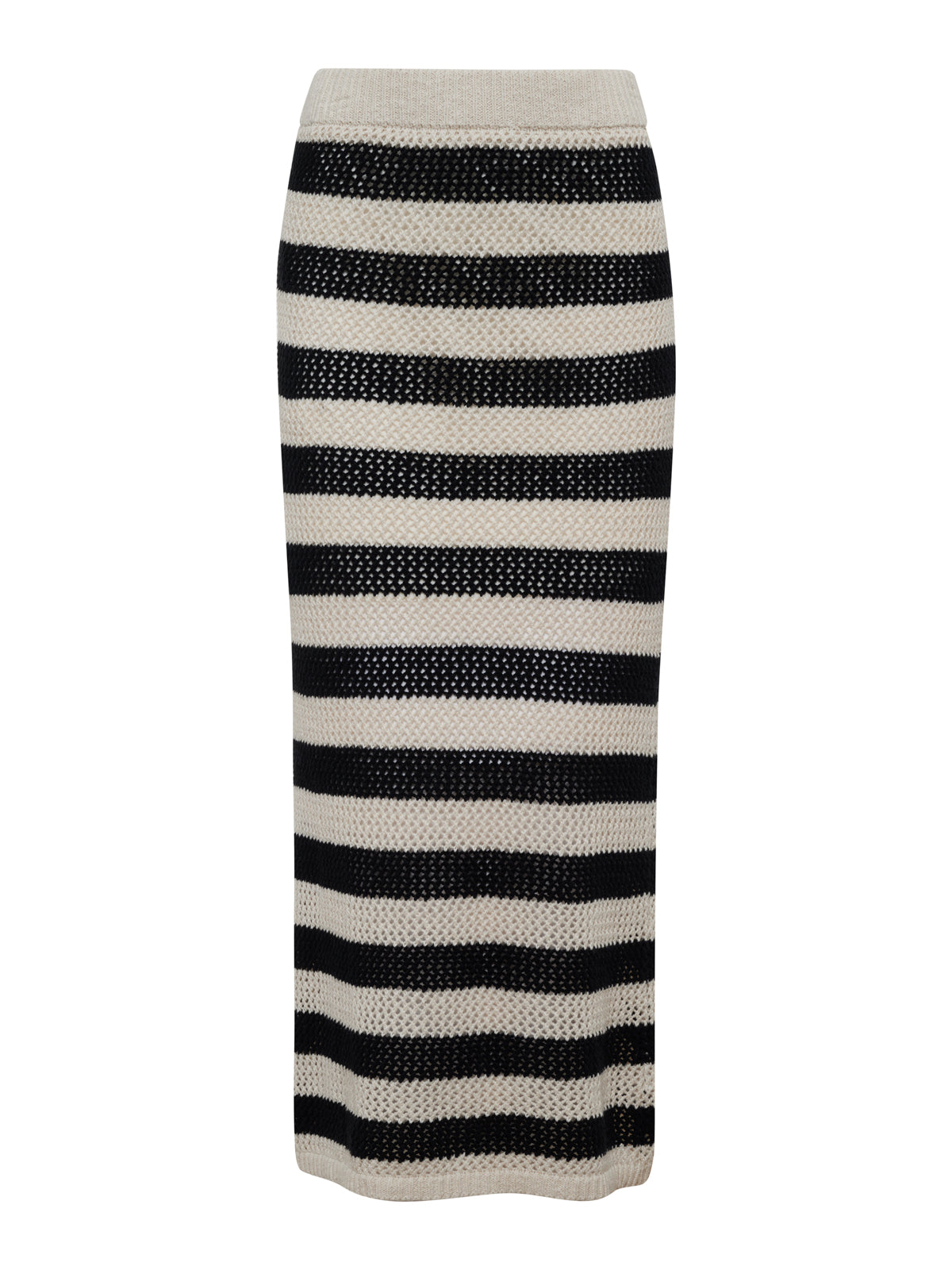 The crochet sweater skirt by Sanctuary Clothing features a knee-length black chalk stripe design with alternating horizontal see-through crocheted stripes, creating a bold pattern.
