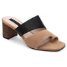 The Brisk Sandal Cafe Black by Sanctuary Clothing is a women's open-toe block heel sandal featuring a tan suede strap and a black textured strap across the top. The heel sports a checkered pattern in black and tan colors, while the insole is beige.