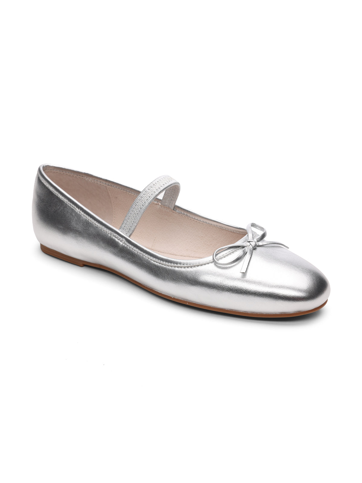 The Facile Ballet Flat Silver by Sanctuary Clothing features a single silver ballet flat shoe with a small bow on the toe and a thin strap across the instep. Designed for a sleek and simple look, it comes with a slightly cushioned insole and a flat sole with minimal tread.