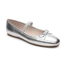 The Facile Ballet Flat Silver by Sanctuary Clothing features a single silver ballet flat shoe with a small bow on the toe and a thin strap across the instep. Designed for a sleek and simple look, it comes with a slightly cushioned insole and a flat sole with minimal tread.