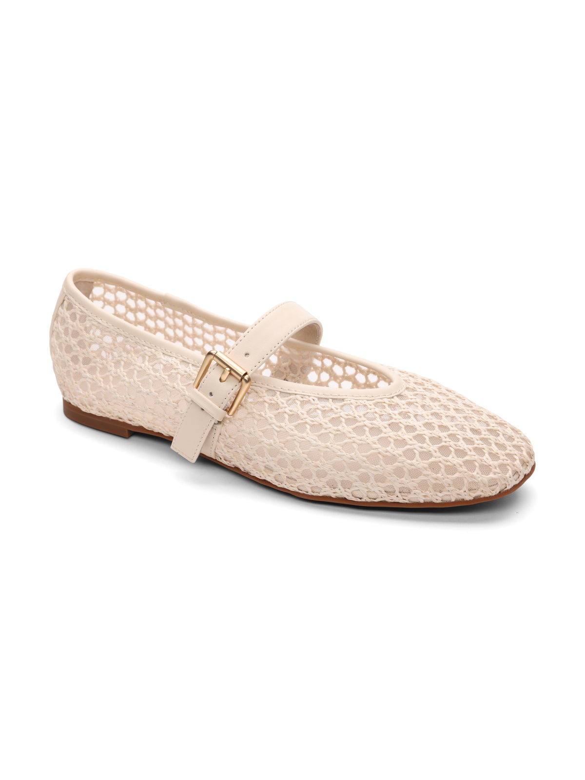 The "gia flat natural" by Sanctuary Clothing is a cream-colored Mary Jane shoe with a woven mesh design, leather strap, golden buckle, and flat brown sole.