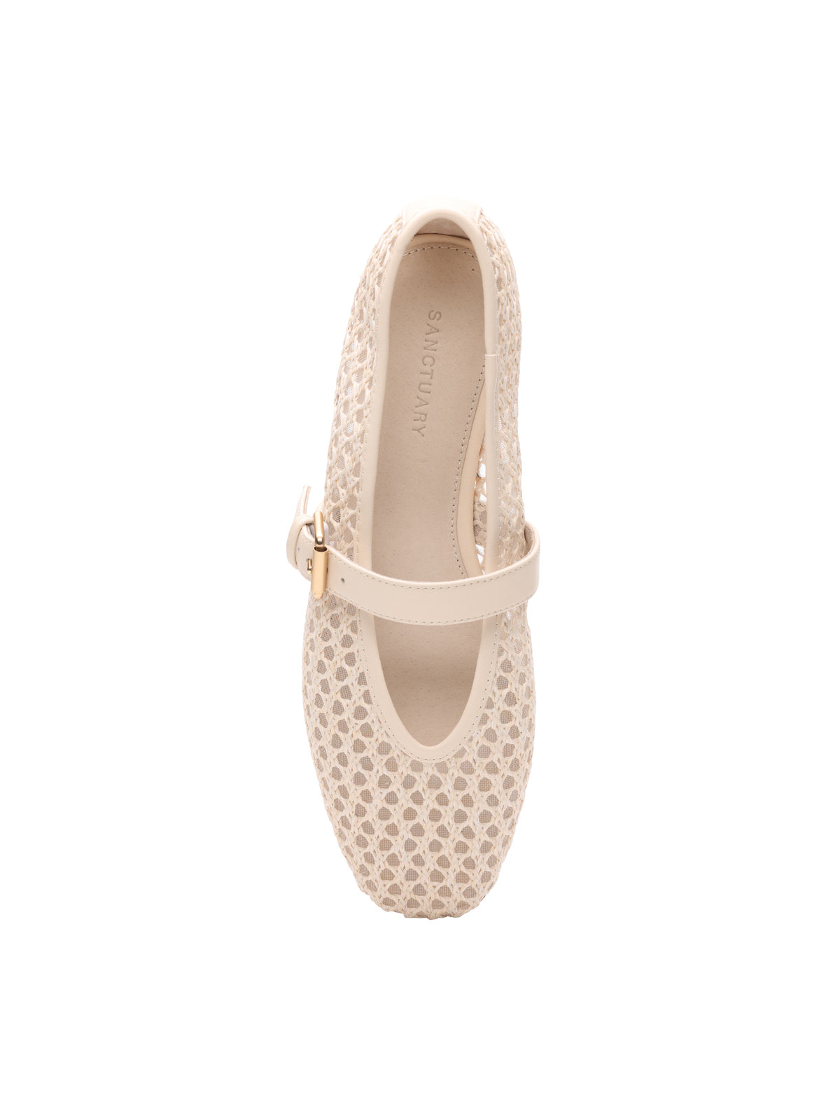 A top view of the "gia flat natural" shoe by Sanctuary Clothing, featuring a beige mesh design with a Mary Jane strap and gold buckle. The beige sole has "Saturday" printed inside, all set against a plain white background.