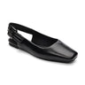 The "Kitchy Slingback Flat Black" by Sanctuary Clothing is a sleek, black leather slingback flat shoe featuring a low heel, square toe, and a buckle strap at the back. This shoe is simple and elegant, making it suitable for both casual and formal wear.