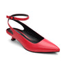 The Magic Pump Red by Sanctuary Clothing is a single red slingback pump with a pointed toe, small low heel, and an adjustable ankle strap. This sleek and minimalistic design features a black insole and a matching buckle on the strap. The modest heel offers both style and comfort.