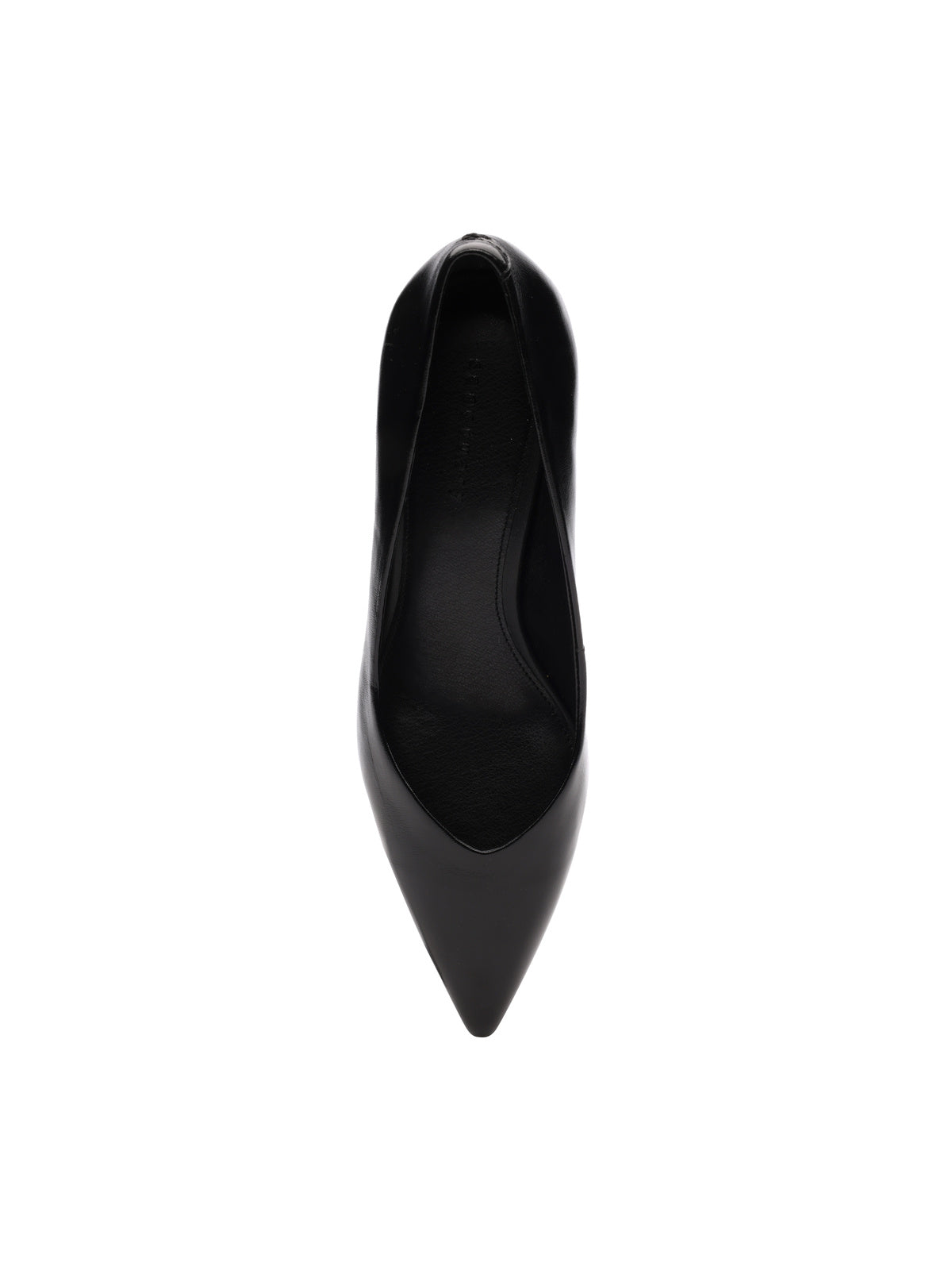 Top view of the Padma Pump Black by Sanctuary Clothing, featuring a pointed toe and a sleek, minimalist design. The single black high-heeled shoe is placed on a plain white background.