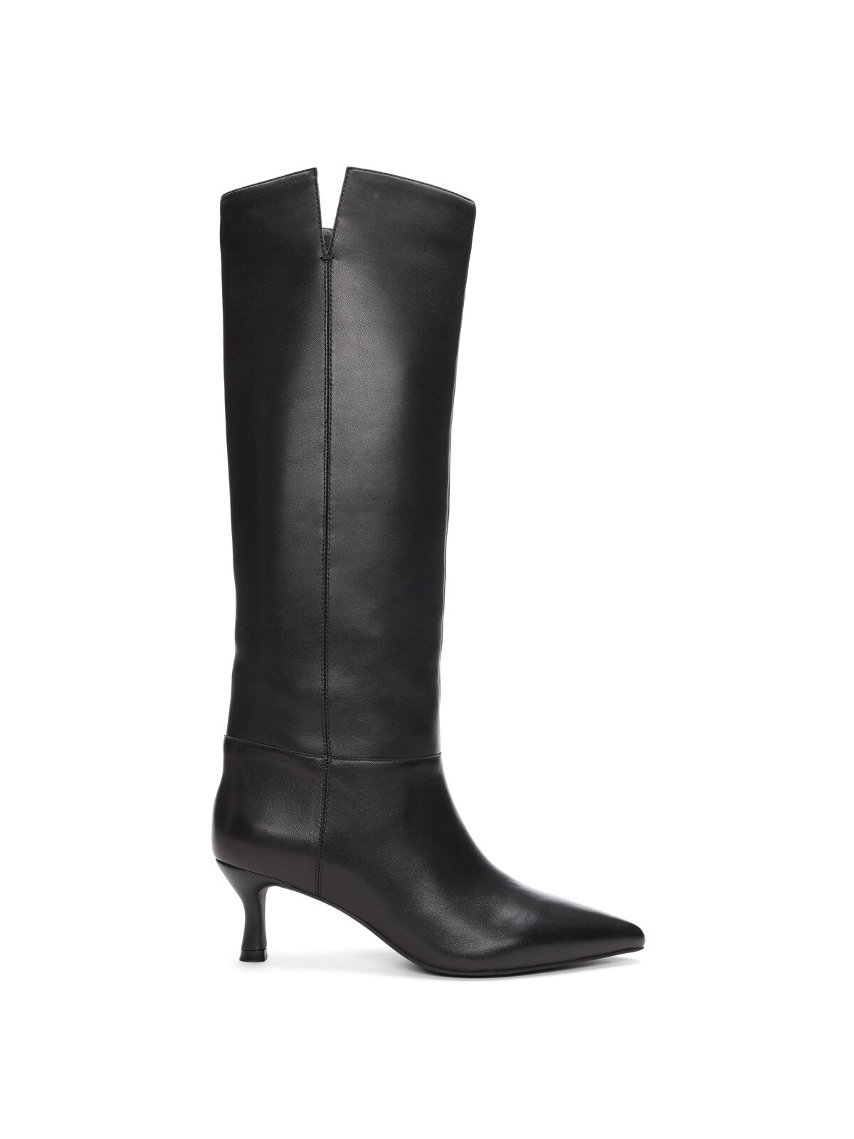 A single **Sanctuary Clothing Phoenix Tall Boot Black** is shown against a plain white background. The knee-high black leather boot boasts a pointed toe and short, slim heel, featuring a minimalist design with a small V-shaped slit at the top.