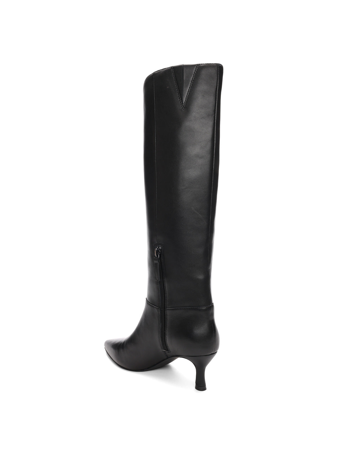 A single "Phoenix Tall Boot Black" by Sanctuary Clothing, showcasing a sleek design with a pointed toe and a short stiletto heel. It features a side zipper for easy wear and is displayed against a white background.