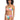 A person with curly hair is wearing a colorful, abstract-patterned bikini from Sanctuary Clothing. The swimwear includes the Daytripper Hipster Bikini Bottom Multi and features a bandeau top and low-rise bottoms. The background is plain white.