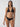 A person with long hair is wearing a Sanctuary Clothing sea crochet hipster bikini bottom in black and standing against a plain background. The bikini top features a deep V-neck with mesh detailing, and the person is looking directly at the camera with their arms relaxed by their sides.