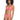 A woman with curly hair is wearing a watermelon sugar bikini from Sanctuary Clothing's Sandbar Solids collection. She is standing and posing with one hand resting by her side. The bikini includes a top with a knotted center and simple bottoms. The background is white.