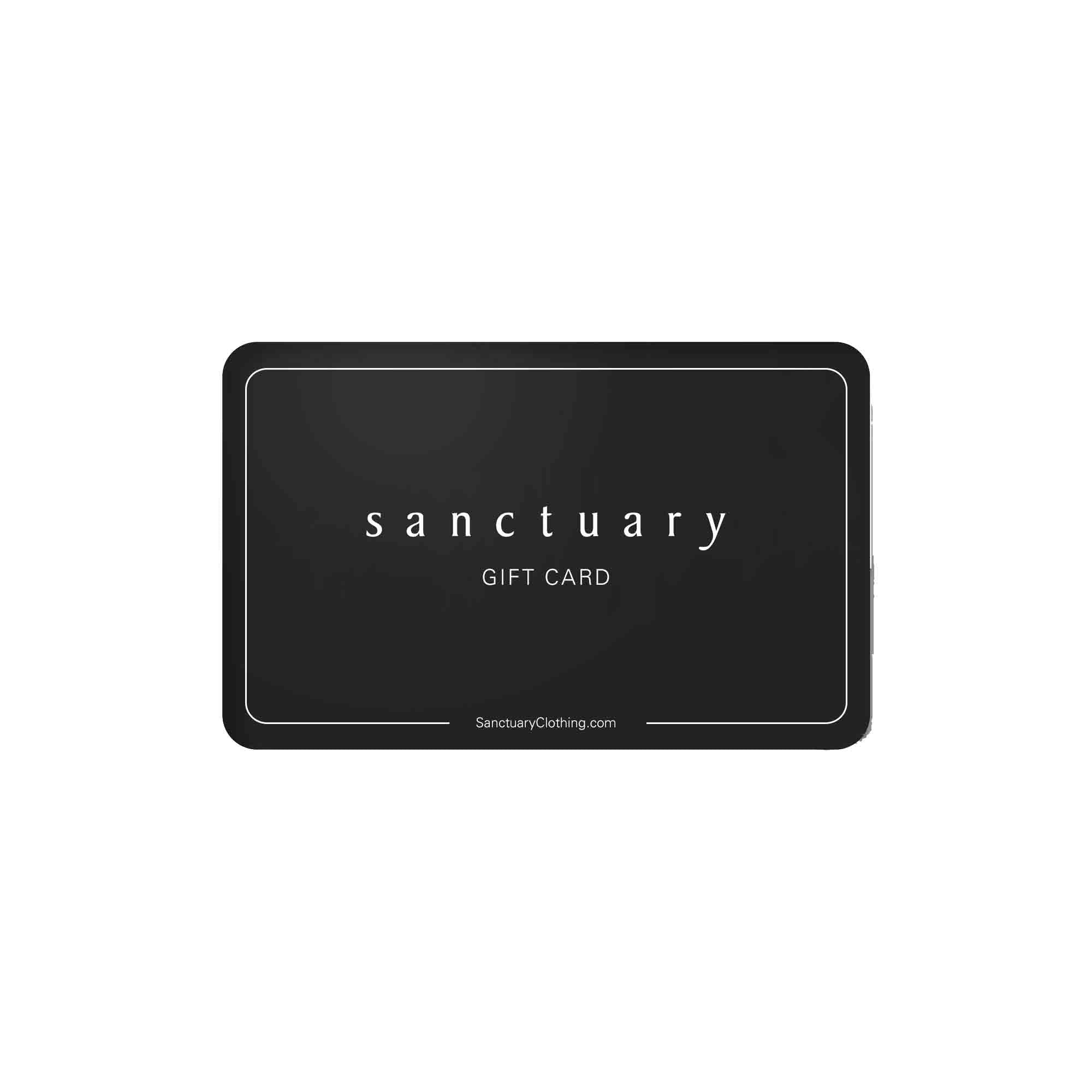 A black Gift Card from Sanctuary Clothing featuring the brand name "sanctuary" in lowercase white letters at the top. Below it, "GIFT CARD" is written in smaller white letters. At the bottom, the website "SanctuaryClothing.com" is displayed in small white text against the black background.